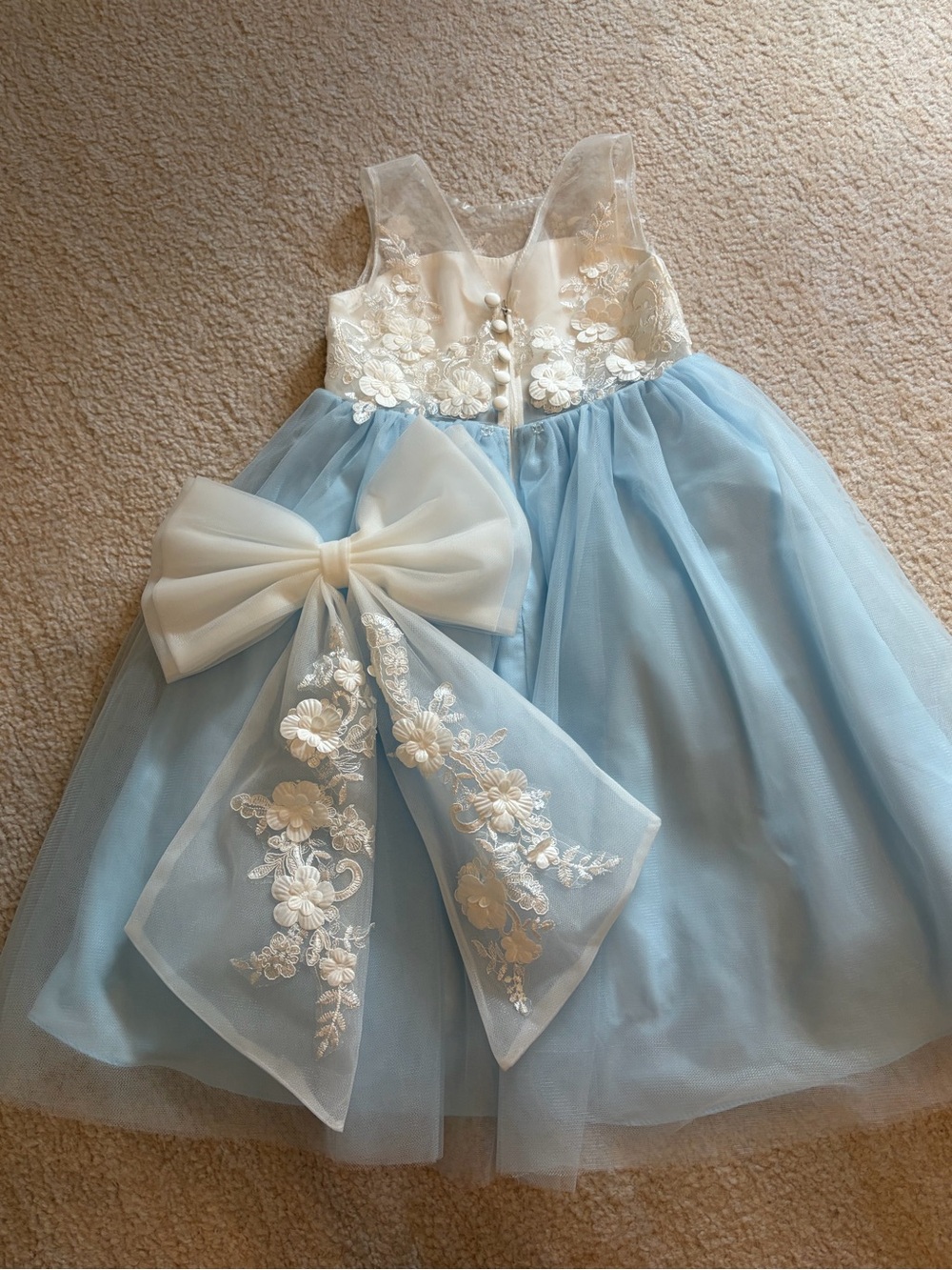 Azazie White and Light Blue Floral Appliqué Tulle Dress for Girls Flower Girl - Picture 10 of 16